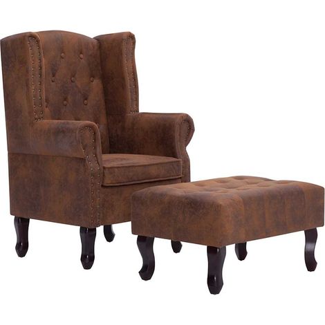 Maison Exclusive - Fauteuil Chesterfield et repose-pieds Marron Similicuir daim (1/5)