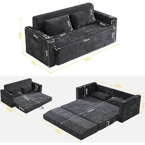 Divano letto 2 posti pieghevole 2 in 1 in ciniglia nero e grigio con USB (1/5)
