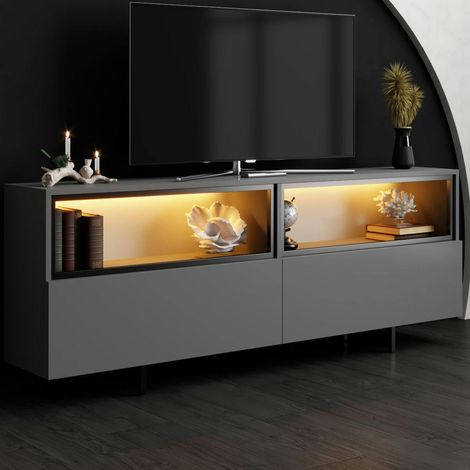 Meuble TV gris foncé 2 portes 2 niches hautes LED AURA (1/5)