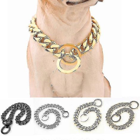 Chaîne de collier pour chien dorée avec boucle en acier, largeur : 56 cm (huali), chaîne à maillons Kuba en acier inoxydable, chaîne de dressage, or et argent, 56 cm (1/4)