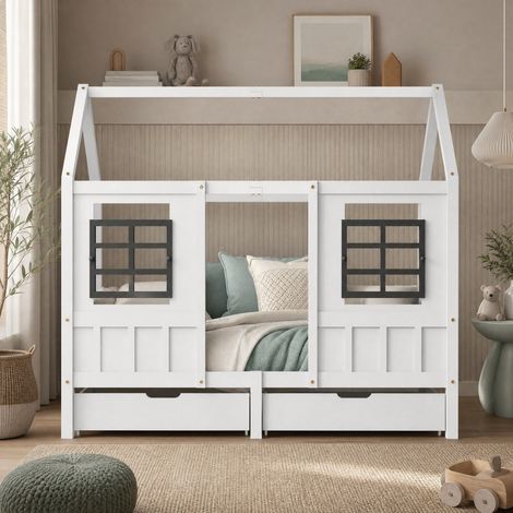 DESMIU Lit Enfant 90 × 200 cm 1 Place avec 2 Tiroirs, Fenêtres et Barrières, Sans Matelas, en Bois Massif, Blanc (1/5)