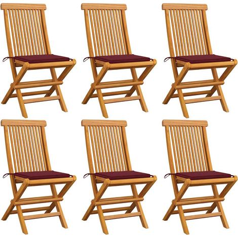 Chaises de jardin avec coussins rouge bordeaux lot de 6 Teck