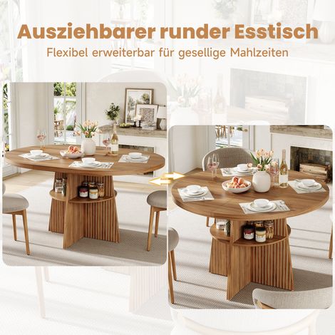 Table ronde extensible en bois noyer, cuisine et salle à manger, 110-150x110x77,5 cm, pour 2 à 8 convives, design compact avec plateau rallonge et rangement intégré, table peu encombrante. (1/5)