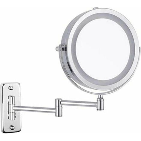 Feelglad Wand-Make-up-Spiegel, 10-facher doppelseitiger LED-Vergrößerungsspiegel, um 360° drehbarer, ausziehbarer Kosmetikspiegel, batteriebetrieben (nicht im Lieferumfang enthalten), Chrom, 7 Zoll (1/5)