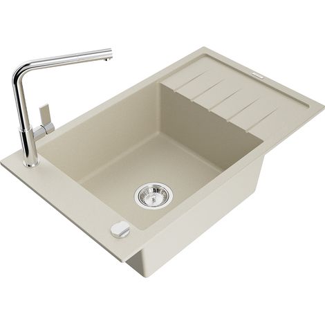 Mexen Elias évier en granit 1 bac avec égouttoir et robinet cuisine Flora, beige - 6511-69-670401-00 (1/5)