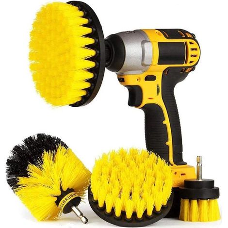 4-teiliges Bürstenset für Bohrmaschinen Scheuerbürstenaufsatz 4 Bürstengrößen Reinigungsbürsten für drinnen und draußen 50 mm / 100 mm / 120 mm / 89 mm Gelb (1/5)