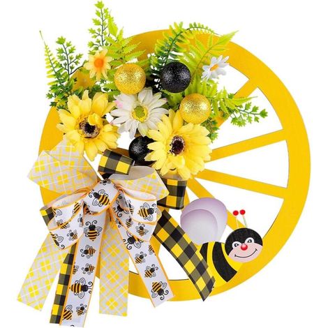 Ghirlanda primaverile realizzata con girasoli artificiali, con fiocco decorativo e ruota in metallo, ideale per porte, giardini o matrimoni.