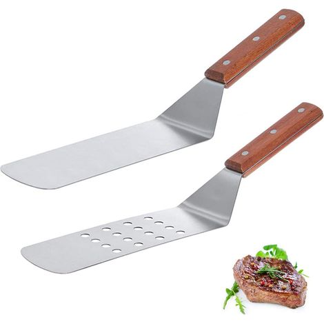 Spatola in acciaio inox 2 pezzi con manico in legno per griglia in acciaio inox, Teppanyaki, hamburger, griglia per bistecche (1/5)