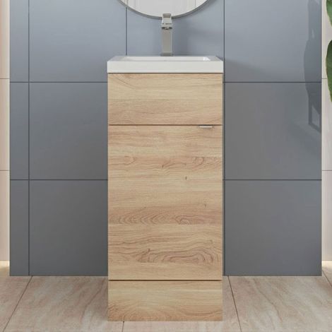 Hudson Reed Fusion Floor Standing 1-Door Vanity Unit with Basin 400mm Wide - Bleached Oak (1/5)