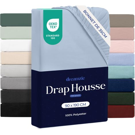 Drap Housse 90x190cm Grand Bonnet 35cm Bleu (1/5)