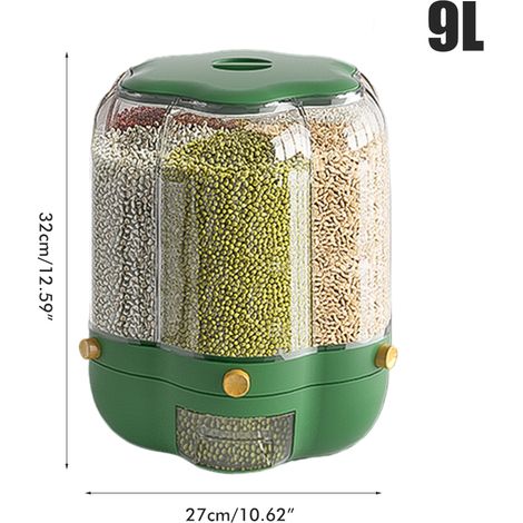 Boîte de rangement pour céréales et aliments, grande capacité 9 L, distributeur de riz rotatif à 6 compartiments, boîte de conservation hermétique, seau de rangement pour la cuisine. (1/5)