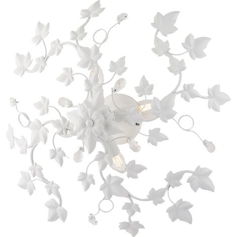 Plafoniera Shabby Edera 4 Luci Ferro Battuto Bianco Con Foglie E Cristalli (1/3)