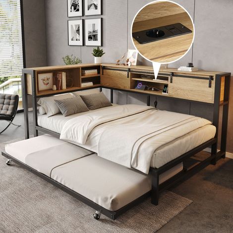 Lit double métal 120x200 cm avec lit gigogne 90x190 cm, aspect bois, portes coulissantes, rangement modulable noir naturel (sans Matelas) (1/5)