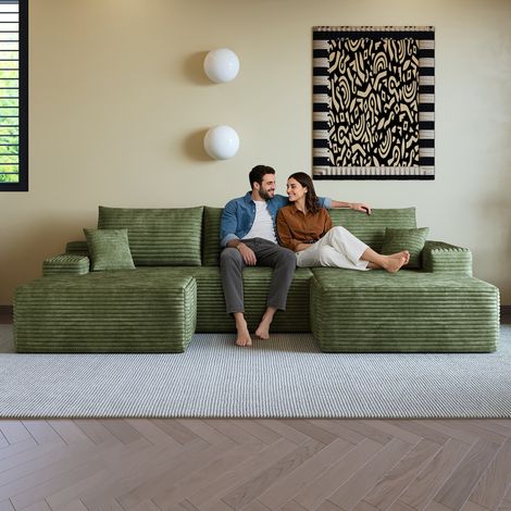 Sofá modular de 4 plazas de pana con asiento profundo y chaise longue derecha, sin montaje, verde