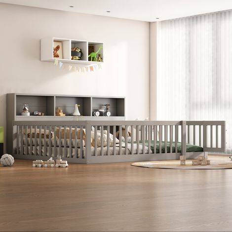 Daybed, Daybed-Schlafsofa 140200cm, Bettseite mit Stauraum, Bett mit Lattenrost (ohne Matratze), Balustrade, Kiefernholz, grau