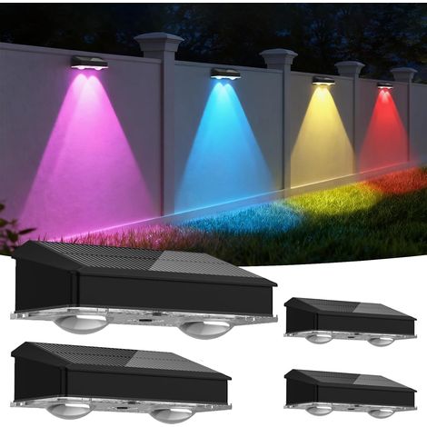 Lampe Solaire Extérieur Jardin (Lot de 4), Applique Murale Solaire IP65 Étanche avec 9 Modes RGB, LED Puissante à Lentille pour Clôture, Terrasse, Escalier, Décoration de Fête (1/5)