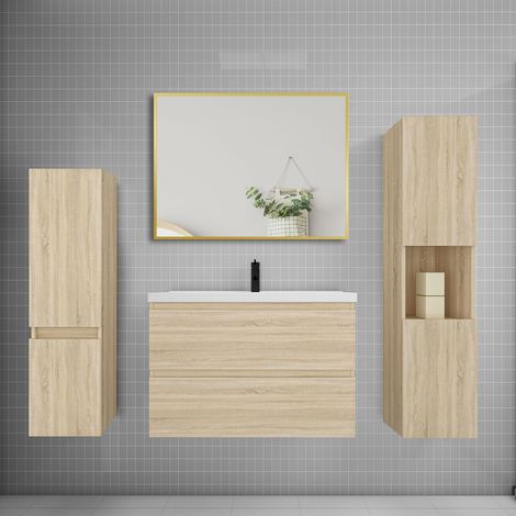 Ensemble meuble de salle de bains 80cm vasque + colonne + miroir mural,chêne