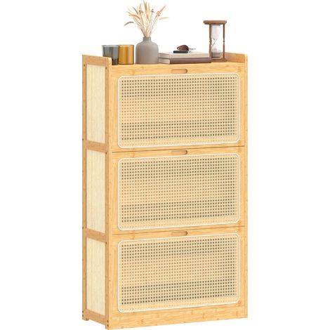 Meuble à chaussures 14 paires, armoire à chaussures 3 tiroirs rabattables, étagères réglables 69x29x119,8cm bois naturel (1/5)