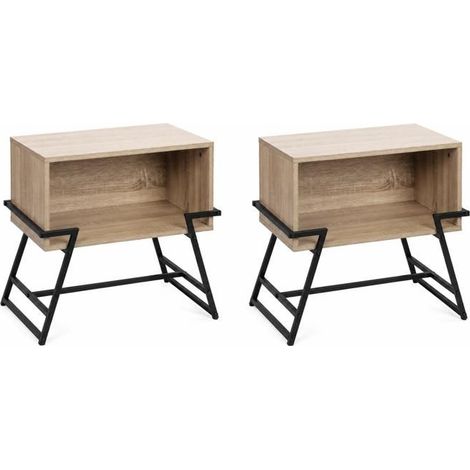 Table de chevet - JUANIO - Lot de 2 - Effet bois naturel - Structure métallique noire - Compartiment ouvert (1/5)