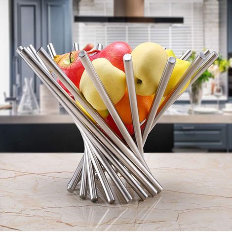1 Corbeille à fruits pliable, Acier inoxydable, Design rotatif, Rangement compact, Pour cuisine et salle à manger