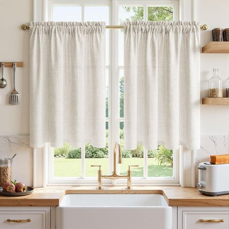Rideaux Cuisine Effet Lin Ivoire Blanc, Rideau Petite Fenetre Brise Bise sous Évier Meuble Bas Placard 60x45 cm (LxH), 2 Pièces Rideaux Voilage Semi-Transparent Passe Tringle Court (1/5)