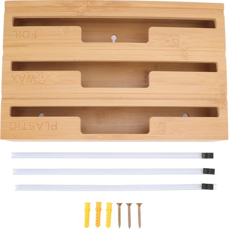 Lot en bambou 3-en-1 : distributeur de film plastique avec coulisseau, boîte de rangement pour papier aluminium et film étirable, pour tiroir de cuisine
