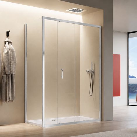 1200 x 900mm Sliding Door Shower Enclosure with Side Panel & Tray, 5mm Safety Glass Chrome Framed Corner Shower Cubicle (1/5)