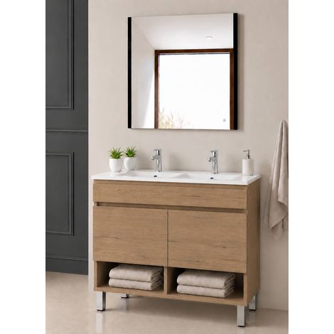 Meuble de salle de bain avec pieds avec vasque extra-plat ORIGENBATH NEBARI sur pieds avec portes sans miroir 120x45 cm double vasque estepa (1/5)