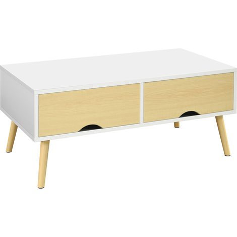 Rechteckiger Wohnzimmer-Couchtisch mit 2 Schubladen und 1 offenem Fach, 90 x 48 x 39 cm, weiß und natur