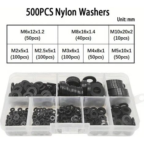 500 Stück Kunststoffscheiben, schwarze flache Nylonscheiben, runde flache Isolierdichtungen, Kunststoff-Distanzringe, O-Ring-Sortiment für Sanitärinstallationen – M2/M2,5/M3/M4/M5/M6/M8/M10