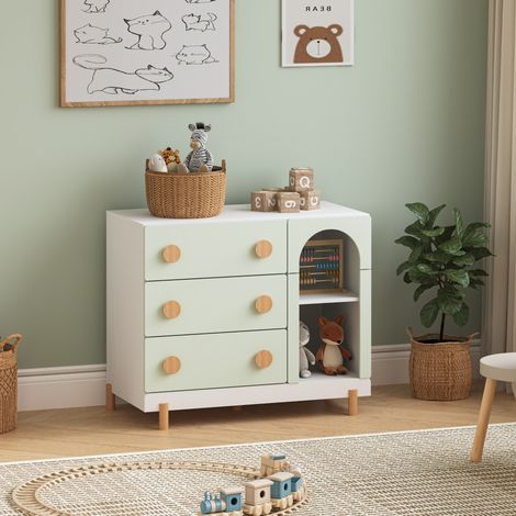 Cassettiera Vaarentaa per Cameretta con 3 Cassetti e 2 Vani Aperti 79x41x66 cm - Bianco/Verde Menta [en.casa] (1/5)