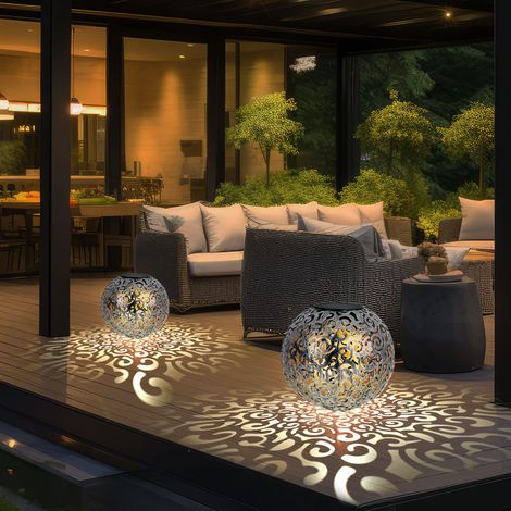 Solarleuchte Solarkugel für Außen silberfarben Stecklampe orientalische Lichteffekt und Erdspieß, 1x LED 3000 Kelvin, DxH 18,5x54 cm, 2er Set