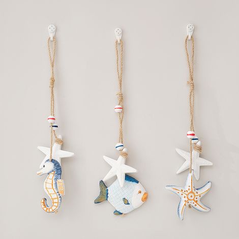 Lntyq 3X décoration à Suspendre en Bois avec étoile de mer, Poisson - Coquillages décoratifs à Suspendre - décoration à Suspendre Maritime pour la Maison