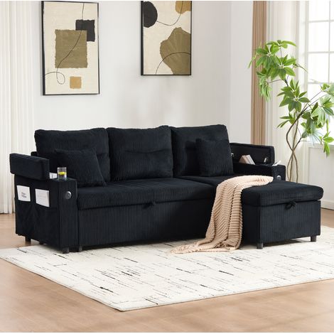Canapé convertible 3 places avec méridienne, rangement et USB-C, noir HAVRYA (1/5)