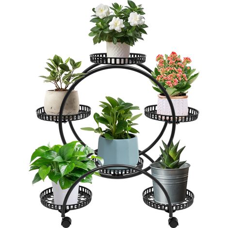 Support plantes à 4 étages avec roues, 6 plateaux étagère à Fleurs en métal, Extérieur et Intérieur, Pour Terrasse, Jardin, Balcon, Salon, Chambre (Noir) (1/5)