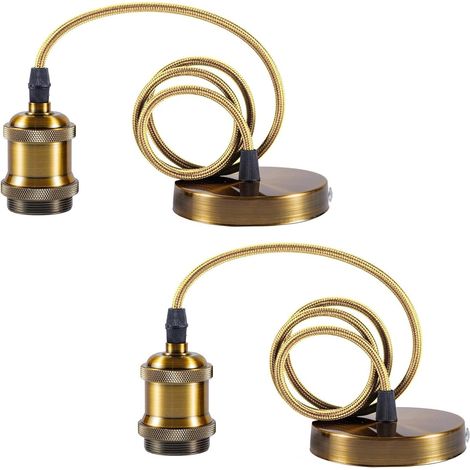 2er-Pack Vintage-Pendelleuchten E27 aus antikem Messing mit Erdungskabel und 90 cm langem, geflochtenem Kabel, Farbe: Antikgold (1/5)