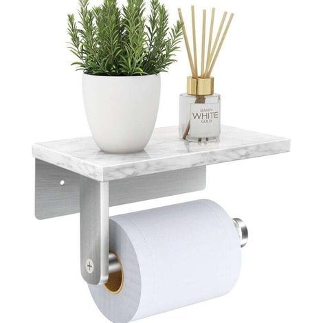 Porte-papier toilette en nickel brossé avec étagère en marbre naturel, fixation murale par vis, pour salle de bain. (1/5)