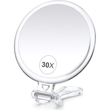 Espejo de maquillaje con aumento de 30x, doble cara (1x/30x), espejo de bolsillo con asa: espejo cosmético ideal para viajes, delineado de cejas y maquillaje.