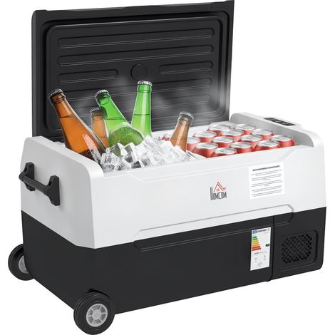 Nevera compresor portátil 30,5L refrigerador de coche -20℃-20℃ 12 / 24V DC y 100-240V CA con 2 ruedas asas y compartimento congelador 72,6x39x37,3 cm