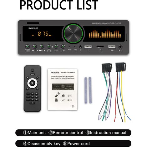 Autoradio Bluetooth MP3 SWM-80A, lecteur audio stéréo avec radio FM, éclairage multicolore, kit mains libres, entrée USB/SD, 12V, idéal pour voiture (1/5)