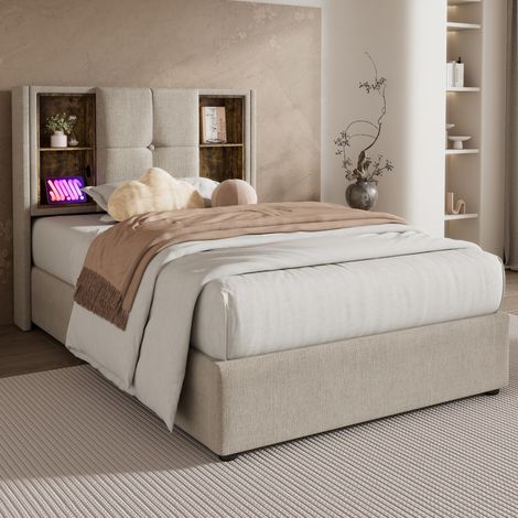 Lit simple rembourré 90x200 cm avec chargeur sans fil et port USB-C, rangement intégré, sommier à lattes bois, lin, naturel (1/5)
