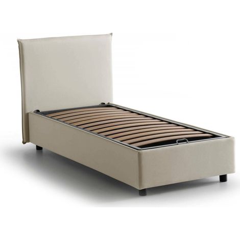Talamo Italia Cama individual Cira, Cama contenedor con revestimiento de tela, 100% Made in Italy, Apertura frontal, adecuado para colchón Cm 90x200, Beige, con embalaje reforzado