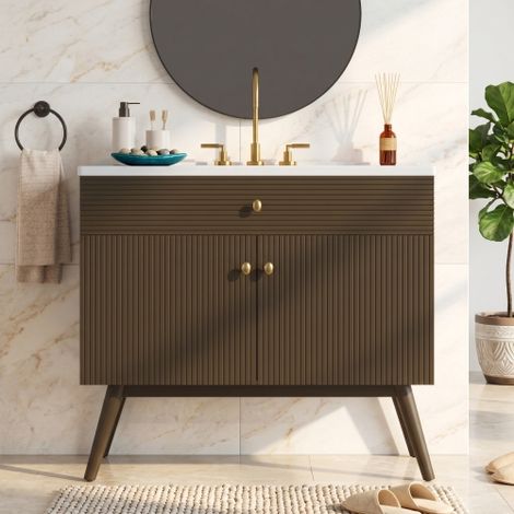 Tocador de baño de lujo de 36 pulgadas con rayas, almacenamiento con dos puertas de cierre suave y lavabo de cerámica de alta calidad, marrón oscuro (1/5)