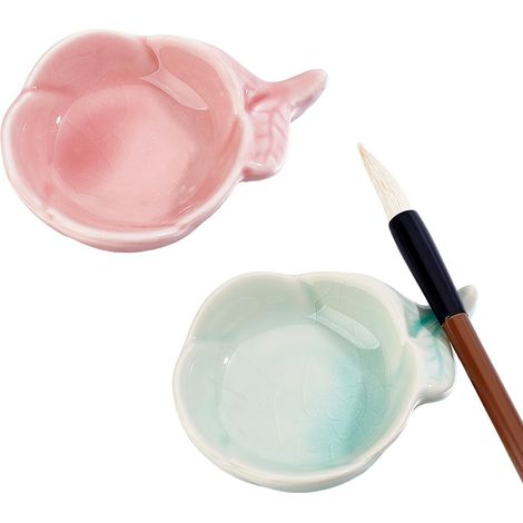 2pcs Plateau d'Encre Fleur en Céramique Plat d'Encre en Porcelaine Rose Blanc avec Porte Pinceau Multifonctionnel Petit Bol pour Écriture Calligraphie Chinoise Peinture Japonaise (1/5)