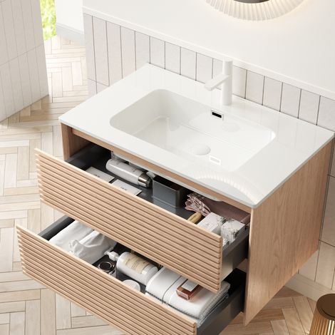 Mueble de baño con lavabo 81 cm, 2 cajones, cerámica blanca, efecto nogal HAVRYA (1/5)