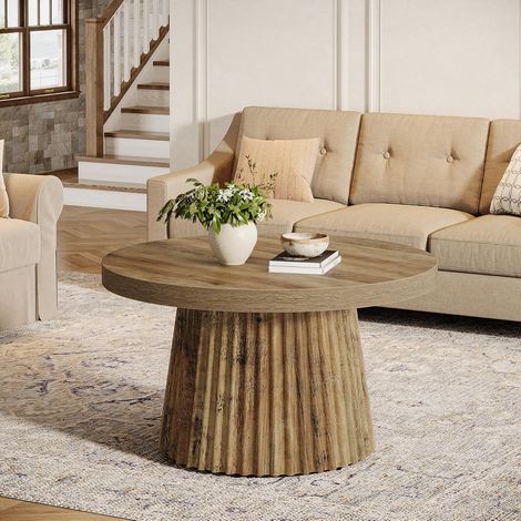Tribesigns Round Coffee Table, 80cm Modern Drum Centre Table with Fluted Base & Wood Grain Finish, Minimalist Accent Cocktail Table for Living Room, Apartment, Small Spaces – Brown (1/5)