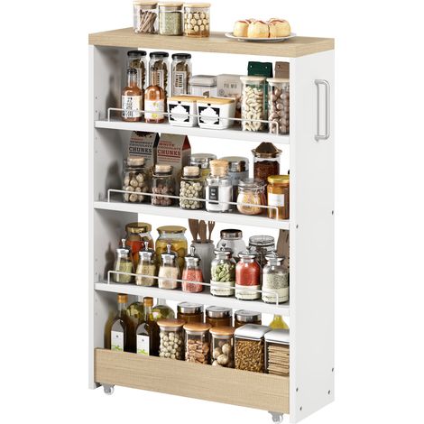 Chariot de rangement slim sur roulettes, meuble de cuisine étroit de 16cm de large avec 4 étagères réglables, blanc aspect bois, 55x16x85cm, pour la cuisine et la salle de bain