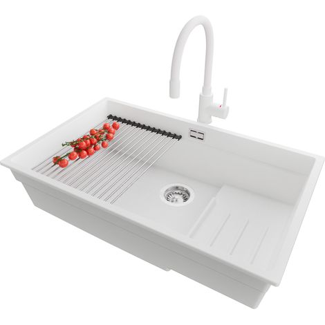 PRIMAGRAN Evier Cuisine en Granit 76x47cm, Lavabo 1 bac + Robinet 38x14cm + Kit de Vidage + Accessoire, Évier à Encastrer au meuble 80cm - Prague Slim, Blanc (1/5)
