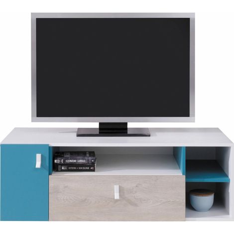 Meuble TV Camteso 108, Blanc + Chêne + Turquoise, Le nombre de portes: 1, Nombre de tiroirs: 1, 120x40x50cm