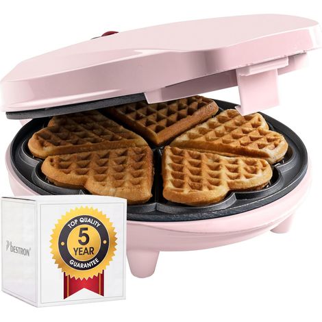 Gaufrier pour Gaufres Classiques en Forme de Cœur, Gaufrier avec Revêtement Anti-Adhésif pour Gaufres en Forme de Cœur, Design Rétro, 700 Watts, Couleur: Rose (1/5)